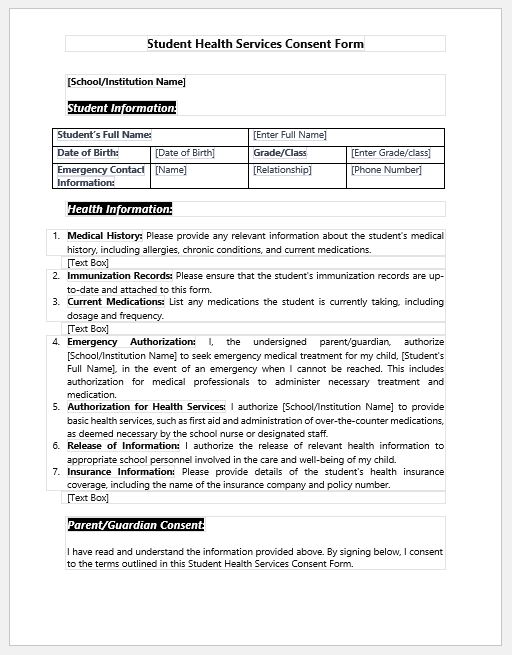 Student Health Services Consent Form