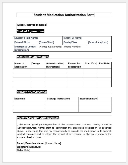 Student Medication Authorization Form