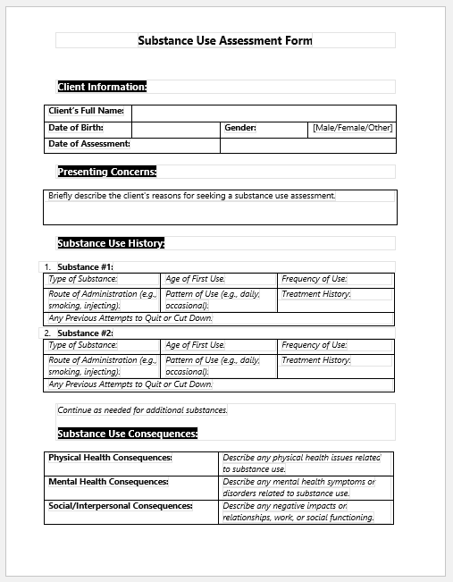 Substance Use Assessment Form