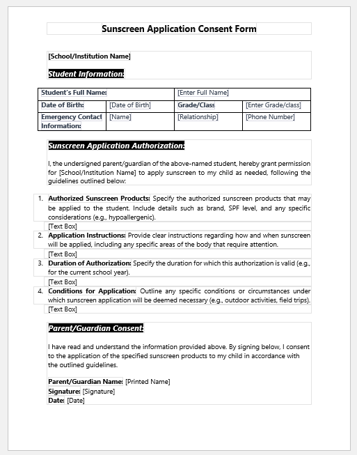 Sunscreen Application Consent Form