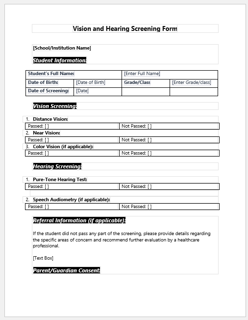 Vision and Hearing Screening Form