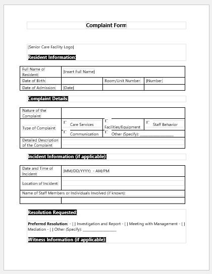 Complaint Form Template