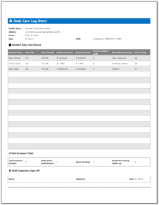 Daily Care Log Sheet for Excel