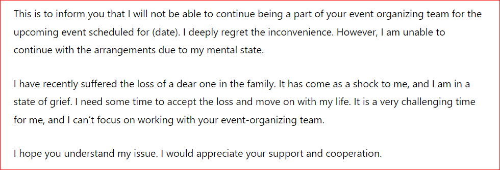 Letter to Event Organizer Requesting Mental Health Excuse