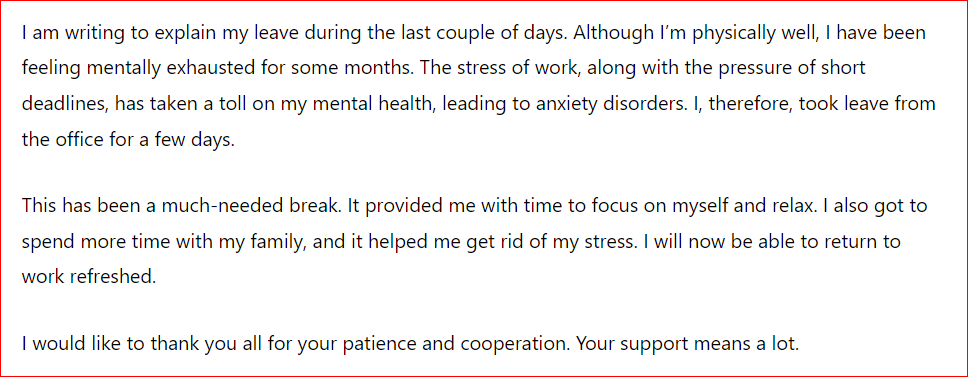 Letter to Team Explaining mental health illness