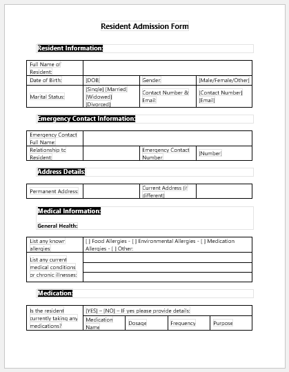 Resident Admission Form