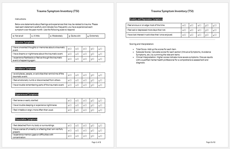 Trauma Inventory Mental Health Evaluation Forms for MS Word | Download Free