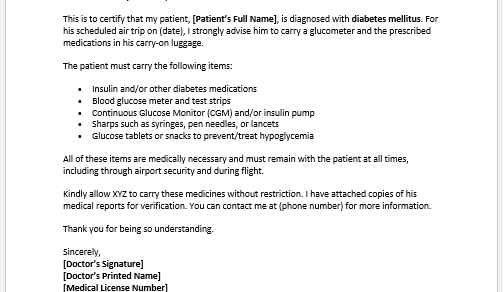 Diabetes travel letter