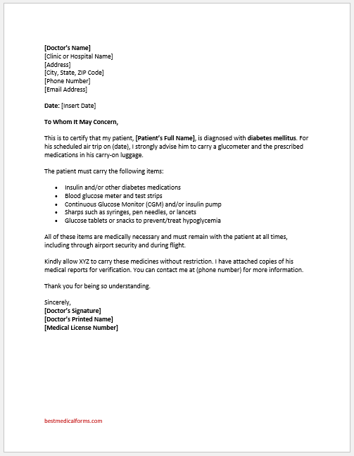Diabetes travel letter