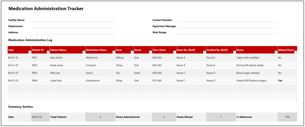 Medication Administration Tracker for Excel